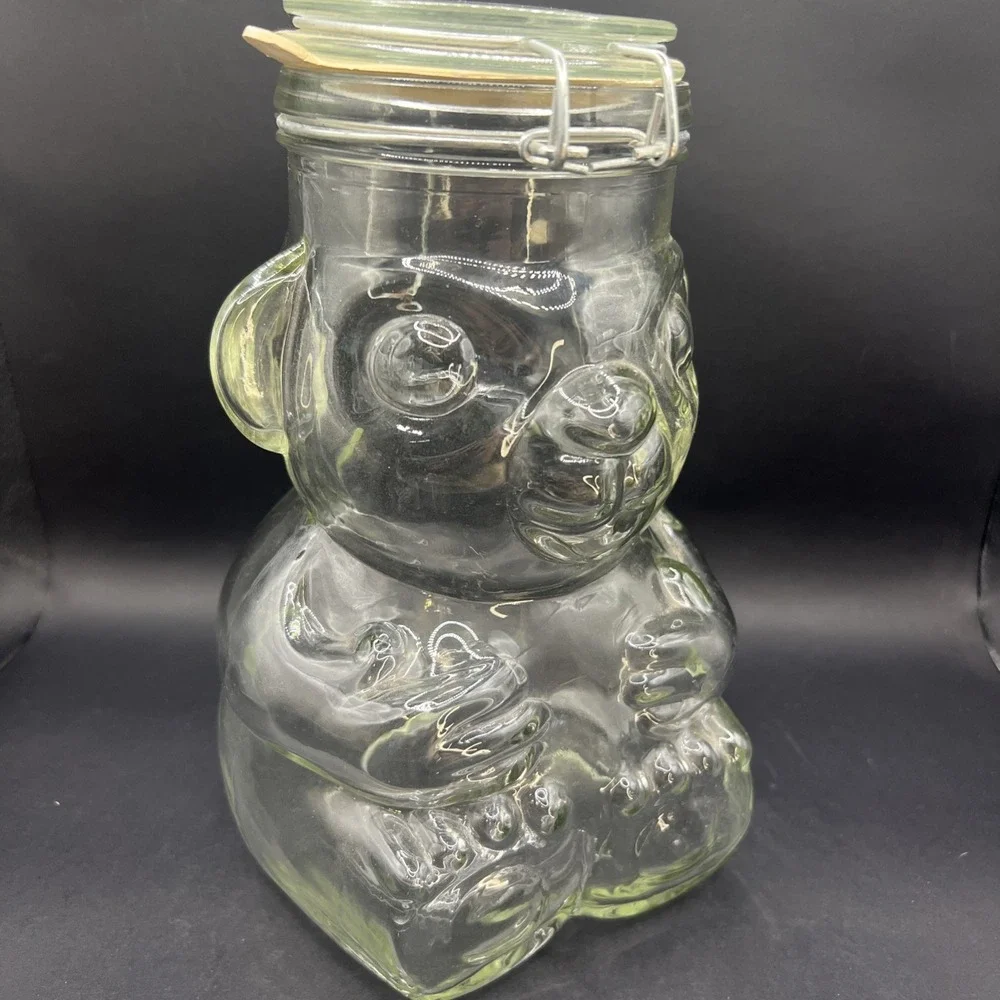 Teddy Bear Cookie Jar Glass Canister Hermetic Wire Clamp Lid Unmarked Vintage